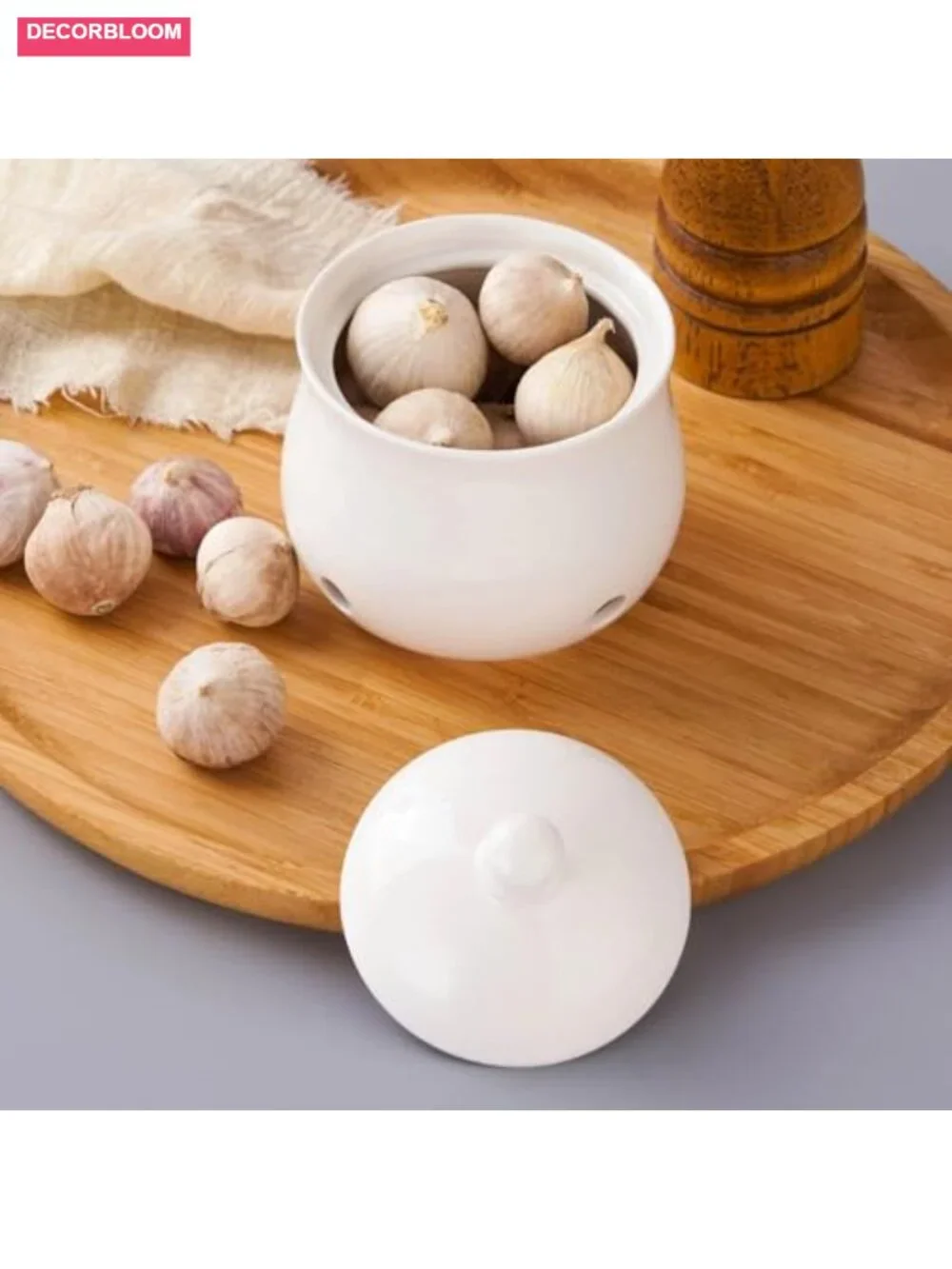 12 oz Ceramic Garlic Keeper with Ventilation Holes, White Kitchen Jar